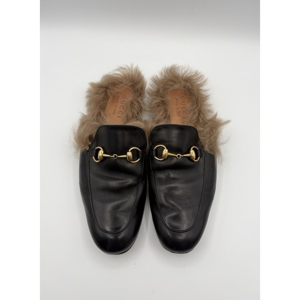 Gucci Black Leather Princetown Loafers Fur Lined Horse-bit Accent Size EU 40